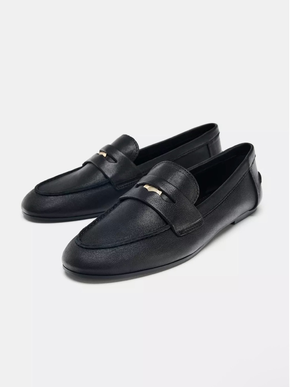 Zara Black Leather Loafers with Gold Trim